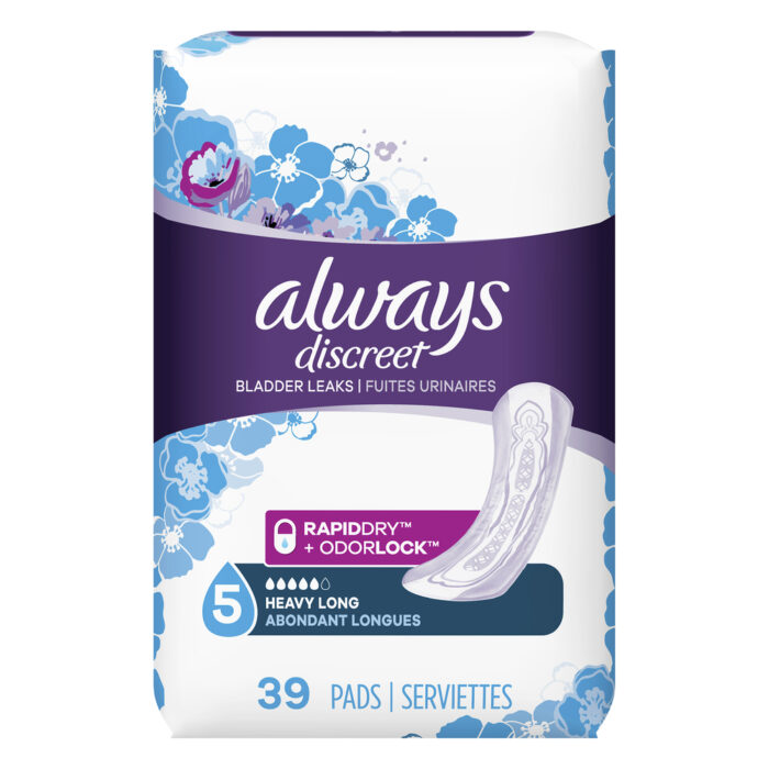 Always, Discreet Bladder Leak Pads Rapiddry + Odorlock 5 Absorbency Heavy Long Lightly Scented, Case Of 3, 39 Ct - Image 1