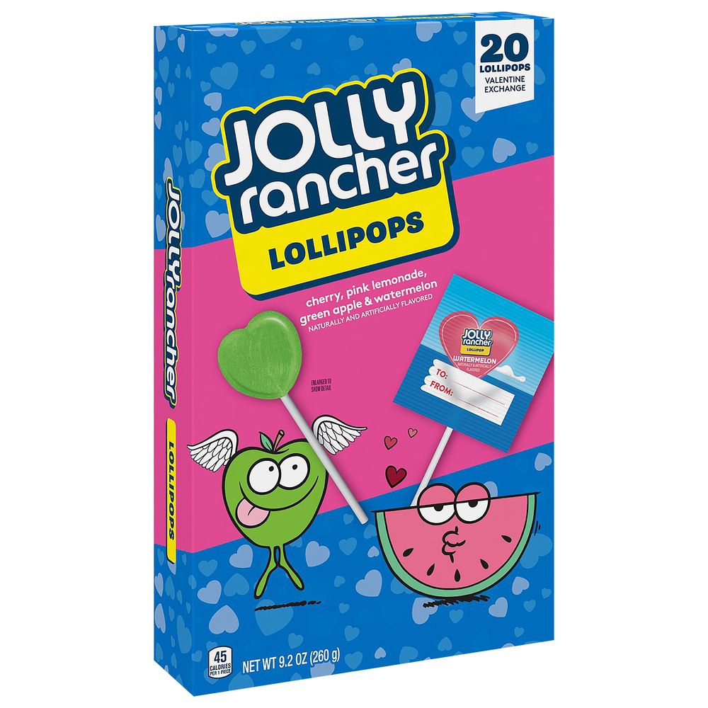 4e05ee67130047cdab4b12e2d94336913Fsize3D1000_Syndigo.jpg Jolly Rancher, Valentine Exchange Assorted Fruit Flavored Heart Lollipop Candy Valentine'S Day Pack, Case Of 24, 9.2 Oz - Image 1