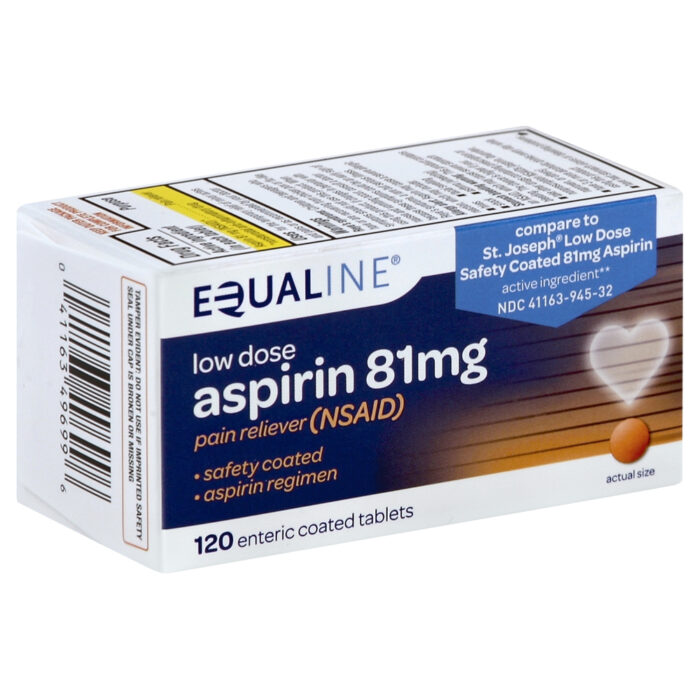 Equaline, Low Dose Aspirin 81Mg Pain Reliever Nsaid Enteric Coated Caplets, Case Of 3, 120 Ct - Image 1