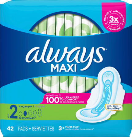Always, Maxi Feminine Pads With Wings For Women Size 2, Case Of 4, 42 Ct