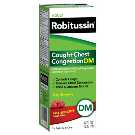 Robitussin, Cough And Chest Congestion Dm Cough Suppressant And Expectorant Raspberry Flavor Bottle, Case Of 3, 8 Fl Oz