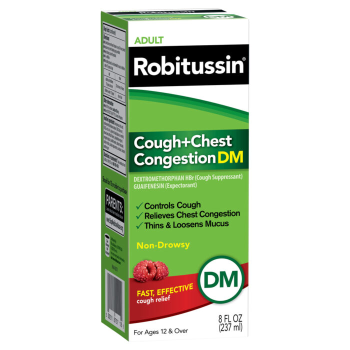 Robitussin, Cough And Chest Congestion Dm Cough Suppressant And Expectorant Raspberry Flavor Bottle, Case Of 3, 8 Fl Oz - Image 1
