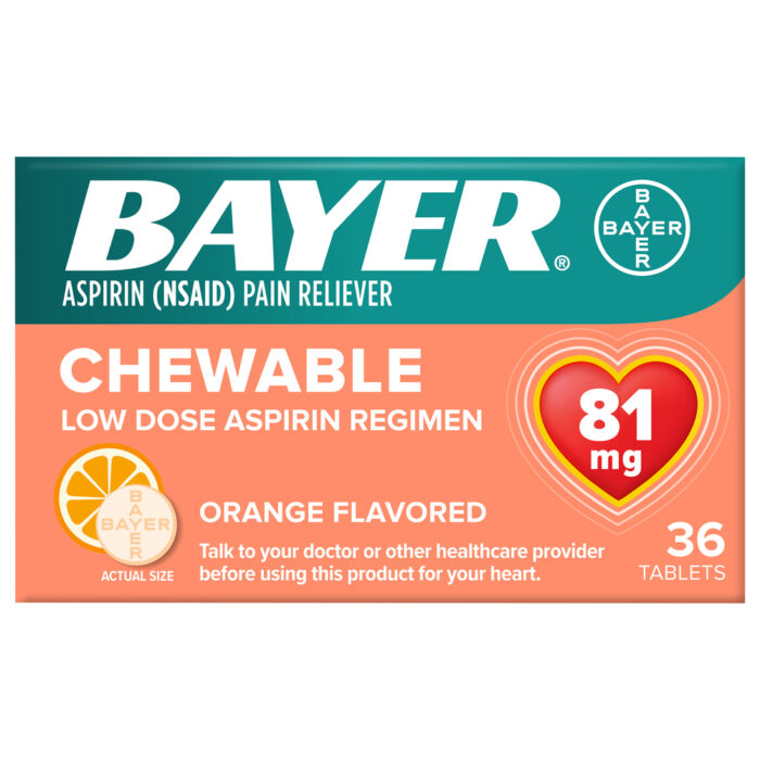 Bayer, Aspirin Pain Reliever Low Dose Orange Flavored Chewable Tablets, Case Of 6, 36 Ct - Image 1