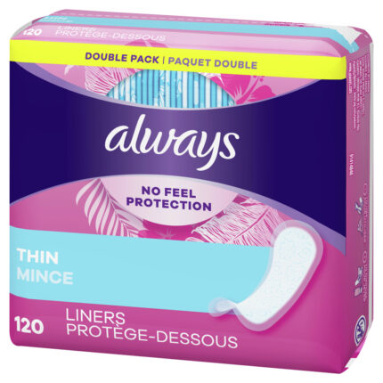 Always, No Feel Protection Daily Liners Double Pack Thin 2/60 Ct, Case Of 6, 120 Ct