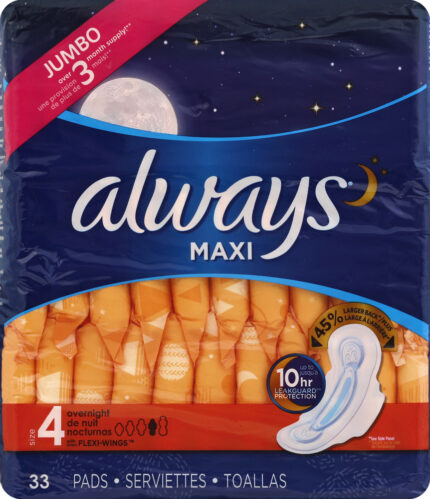 Always, Maxi Pads Size 4 Overnight With Wings, Case Of 6, 33 Ct