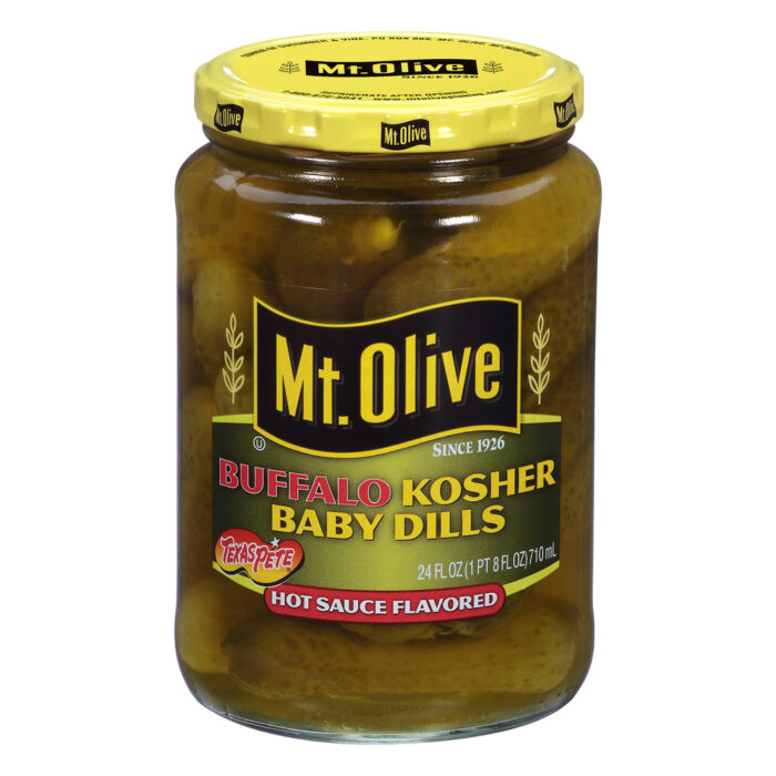 Mt. Olive, Pickles Baby Dills Buffalo Kosher Hot Sauce Flavored Fresh Pack Jar, Case Of 6, 24 Fl Oz - Image 1
