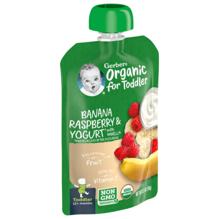 Gerber, Organic Toddler Banana Raspberry And Yogurt With Vanilla Baby Food Pouch, Case Of 12, 3.5 Oz