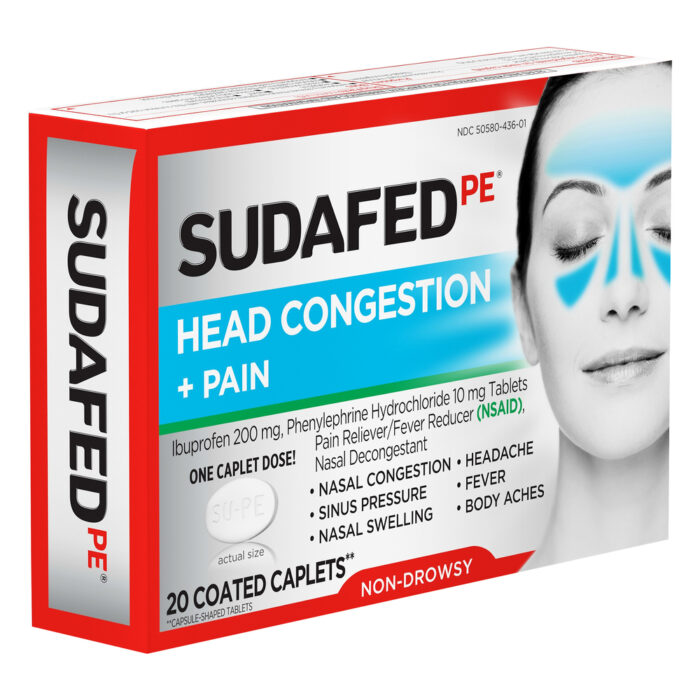 Sudafed, Coated Caplets Non-Drowsy Head Congestion And Pain, Case Of 3, 20 Ct - Image 1