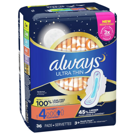 Always, Ultra Thin Pads Size 4 Overnight Absorbency Unscented With Wings, Case Of 6, 36 Ct