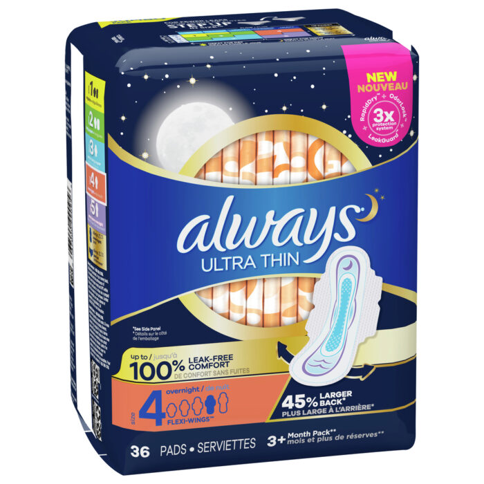 Always, Ultra Thin Pads Size 4 Overnight Absorbency Unscented With Wings, Case Of 6, 36 Ct - Image 1