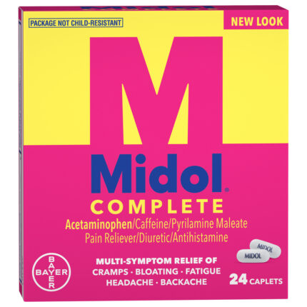 Midol, Complete Multi-Symptom Relief Caplets Pain Reliever, Diuretic, And Antihistamine Box, Case Of 3, 24 Ct