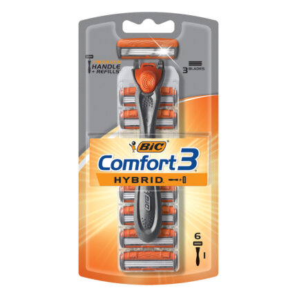 Bic, Comfort 3 Hybrid Men'S Razor Handle With 6 3-Blade Refill Cartridges, 1 Each, 1 Ct
