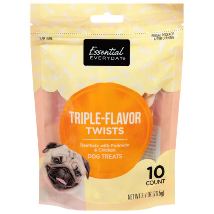 Essential Everyday, Dog Treats Triple Flavor Twists Beefhide With Porkhide & Chicken, Case Of 6, 10 Ct