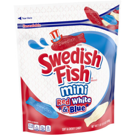 Swedish Fish, Mini Red White And Blue Soft And Chewy Candy Bag, Case Of 4, 1 Lb