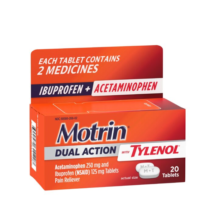 Motrin, Dual Action With Tylenol Ibuprofen And Acetaminophen Tablets, Case Of 3, 20 Ct - Image 1