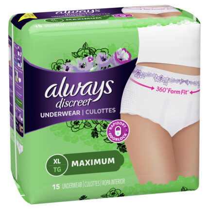 Always, Discreet Incontinence Underwear Rapiddry Odorlock Maximum Absorbency Extra Large, Case Of 3, 15 Ct