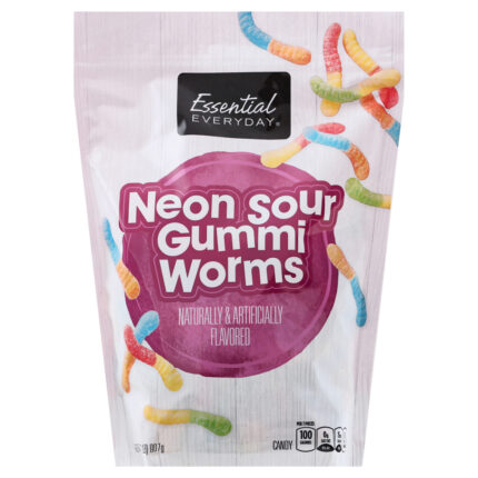 Essential Everyday, Neon Sour Gummi Worms Candy, Case Of 8, 32 Oz