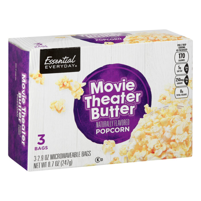 Essential Everyday, Movie Theater Butter Naturally Flavored Popcorn 3 Bags, Case Of 12, 8.7 Oz - Image 1
