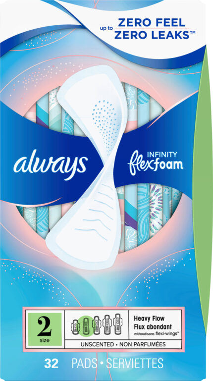 Always, Infinity Flexfoam Pads For Women  Size 2  Heavy Flow Absorbency  Zero Leaks And Zero Feel Possible Without Wings  Unscented, Case Of 3, 32 Ct