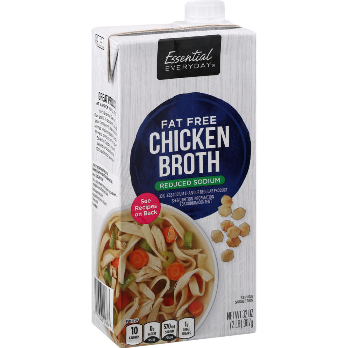 Essential Everyday, Reduced Sodium Fat Free Chicken Broth, Case Of 12, 32 Oz - Image 1