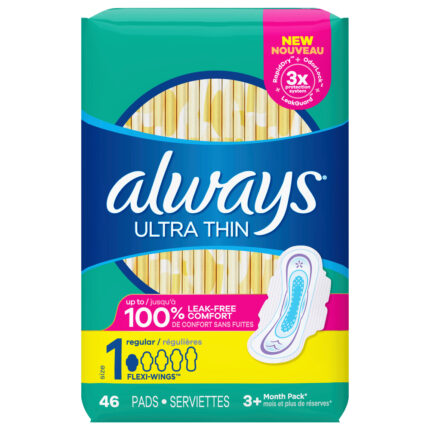 Always, Ultra Thin Pads With Wings Size 1 Regular Unscented, Case Of 6, 46 Ct