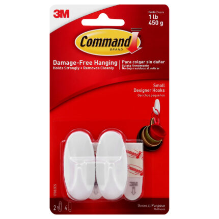 Command, Small Designer Hooks 1 Lb White 2 Hooks 4 Strips, Case Of 6, 2 Ct