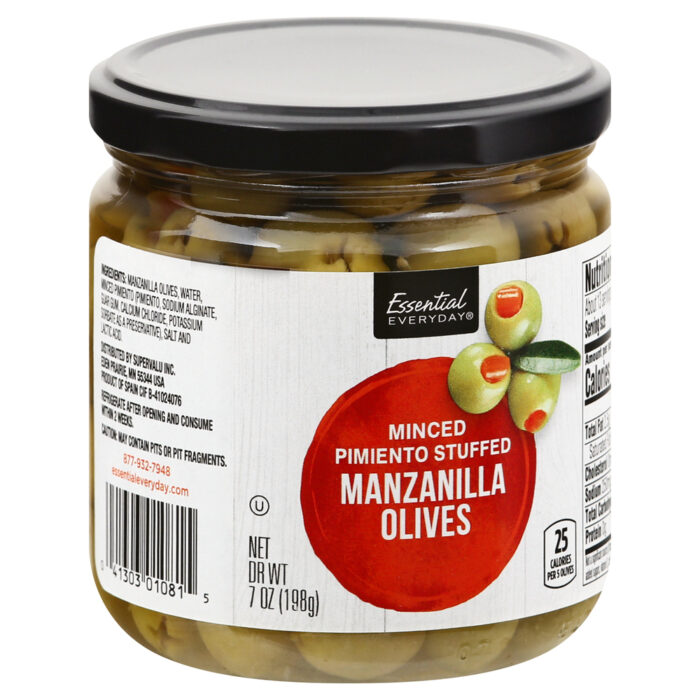 Essential Everyday, Minced Pimiento Stuffed Manzanilla Olives, Case Of 12, 7 Oz - Image 1