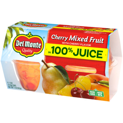 Del Monte, Cherry Flavored Mixed Fruit In 100% Juice Fruit Cup Snacks 4 Cups, Case Of 6, 16 Oz
